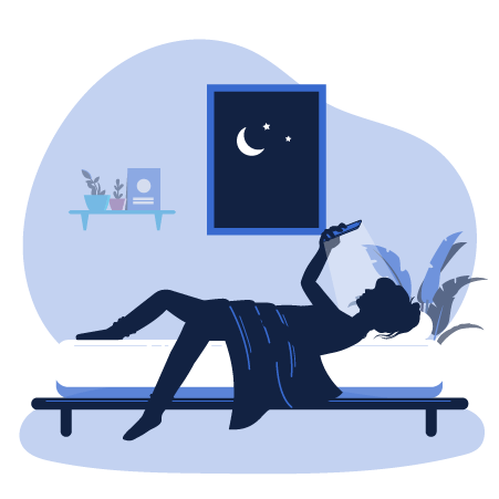 Illustration of teen girl lying in bed at night using smartphone