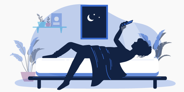 Illustration of teen girl lying in bed at night using smartphone