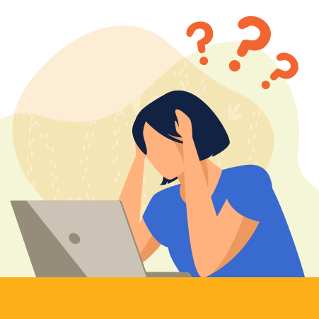 Illustration of confused student looking at laptop