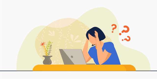 Illustration of confused student looking at laptop