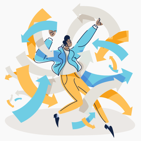 Illustration of person surrounded by arrows flying in different directions