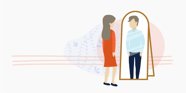 Illustration of a woman looking in the mirror and seeing a male reflection