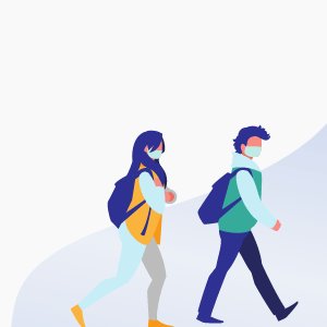 Two older children walking with face masks and school bags