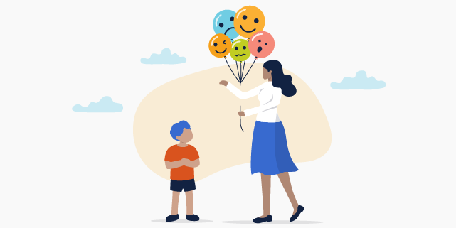 Illustration of woman and young child. The woman is holding a bunch of balloons which have a variety of facial expressions drawn on them.