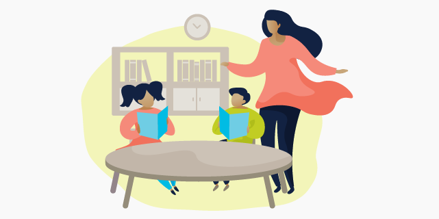 Illustration of two small children and a female teacher in a classroom