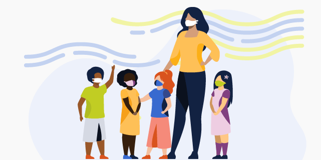 Illustration of female teacher and four young students wearing brightly colored clothes and face masks